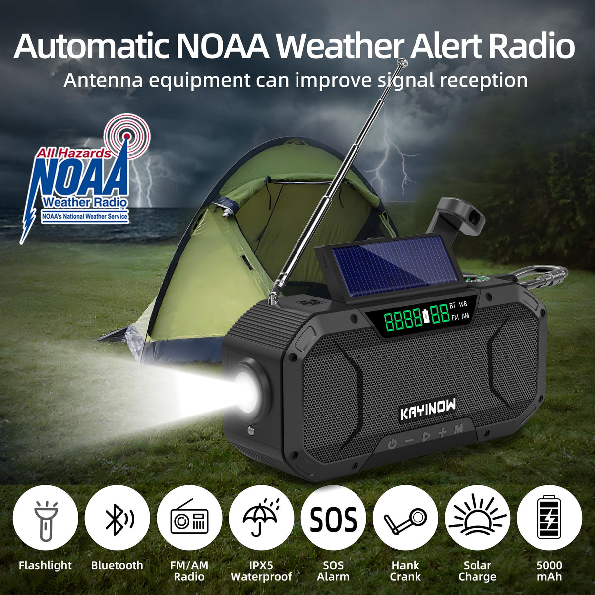 KAYINOW solar hand crank radio side view highlights compact portable design for travel