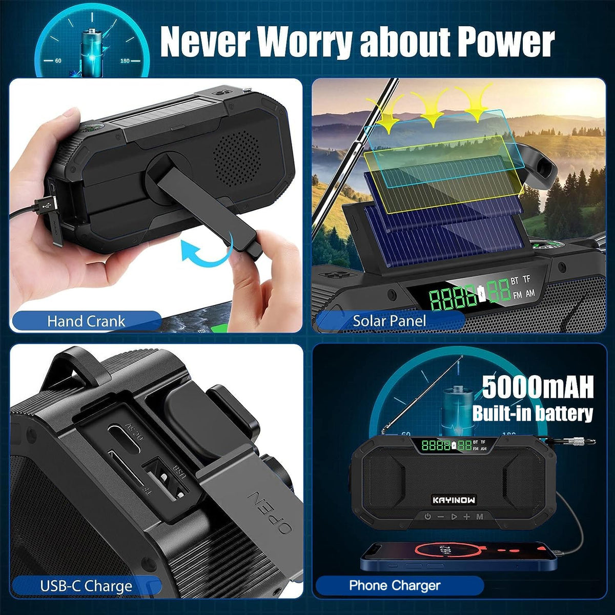 KAYINOW solar hand crank radio USB port for phone charging during outages