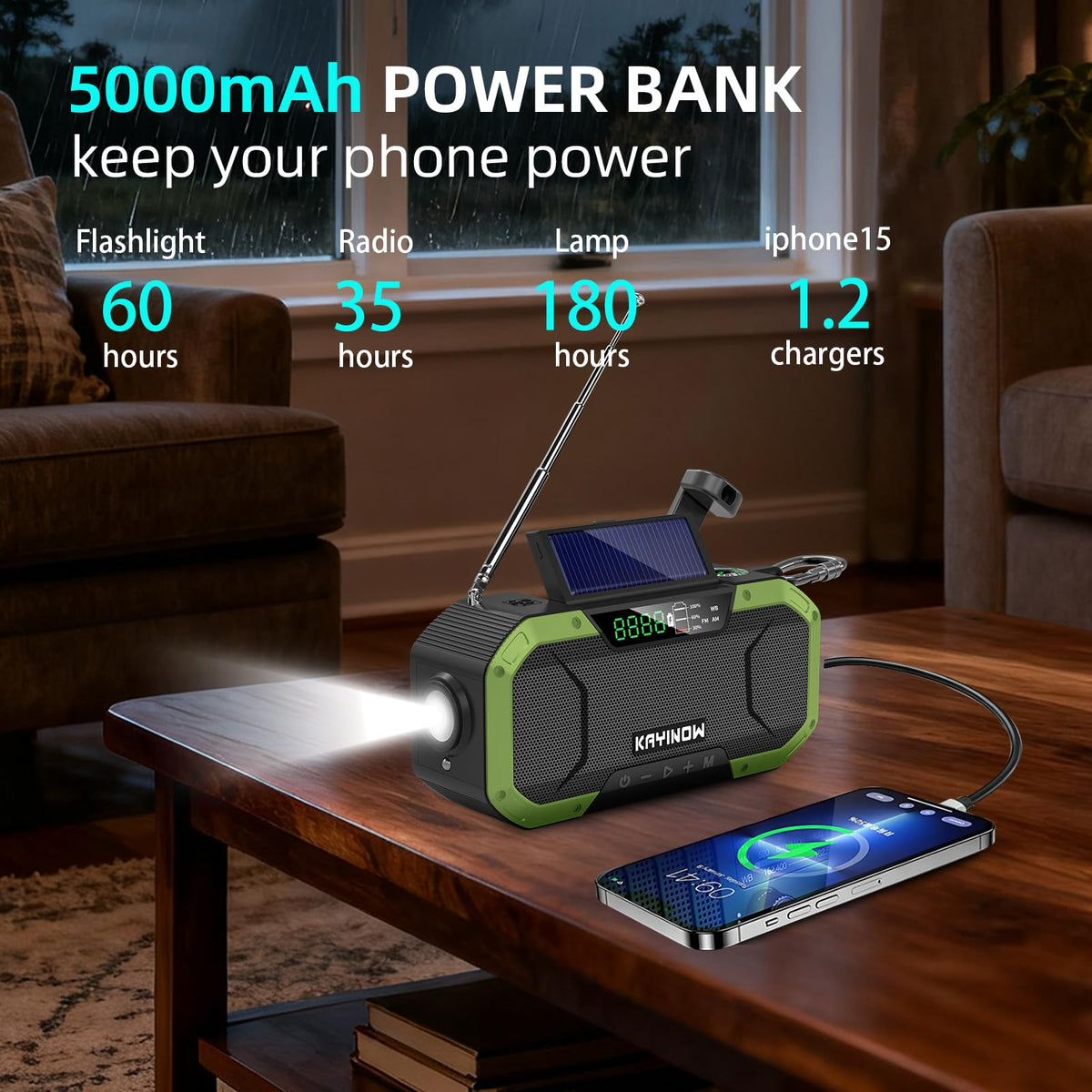 KAYINOW solar-powered emergency radio – renewable power when outlets are scarce.