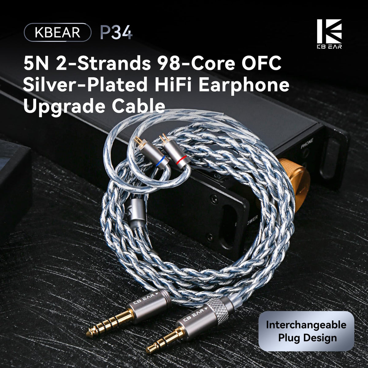 KBEAR P34 98-core OFC silver-plated cable for clearer signal.