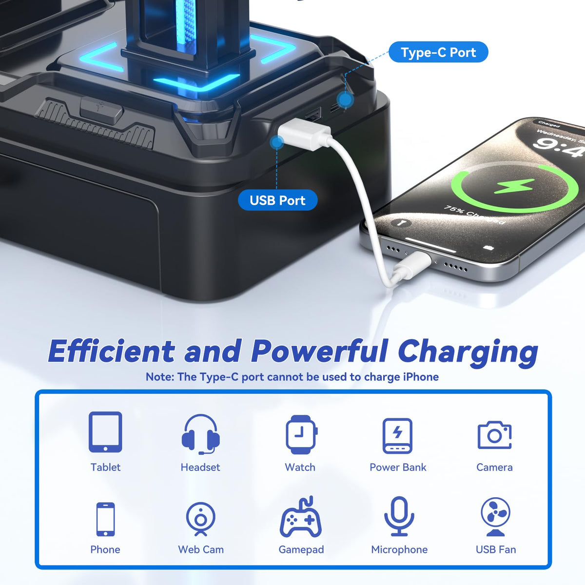 KDD device slot holding a phone upright for easy viewing and charging