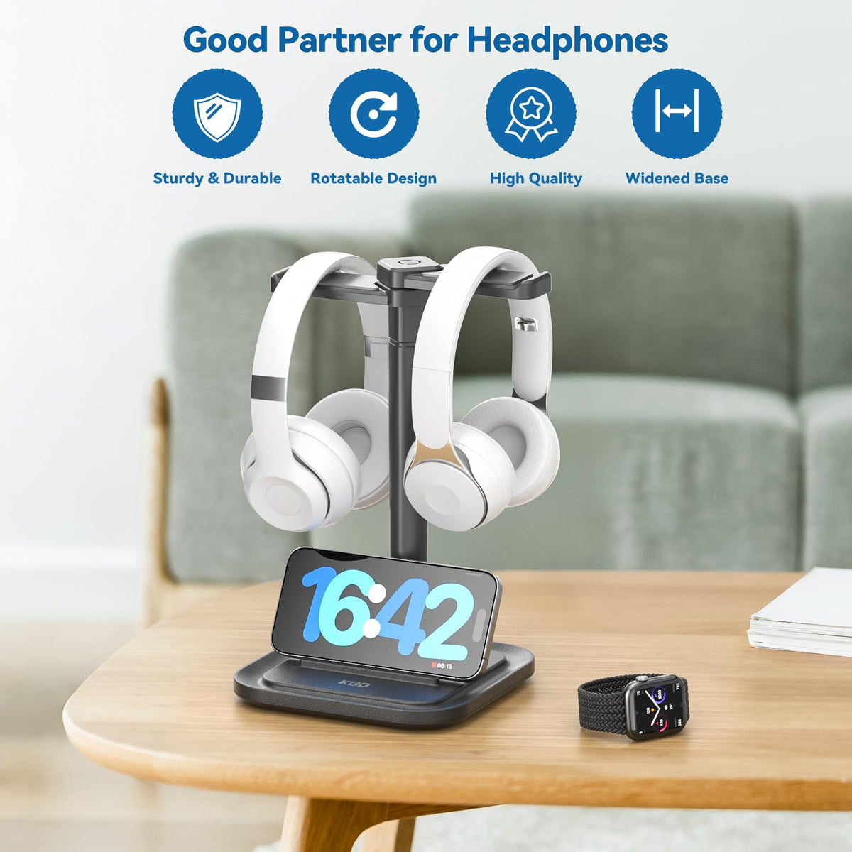 KDD dual headphone stand with non-slip base prevents slips