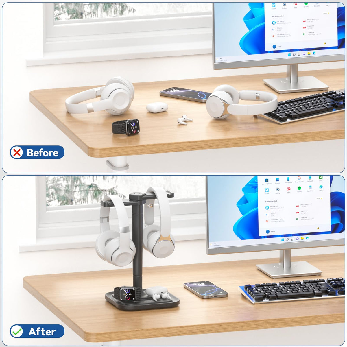 KDD dual headphone stand with silicone cushion protects headset surfaces