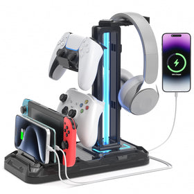 KDD front view assembled stand showing tidy storage and charging