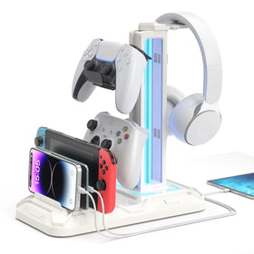 KDD front view of stand showing organized headphones and controllers for neat desk
