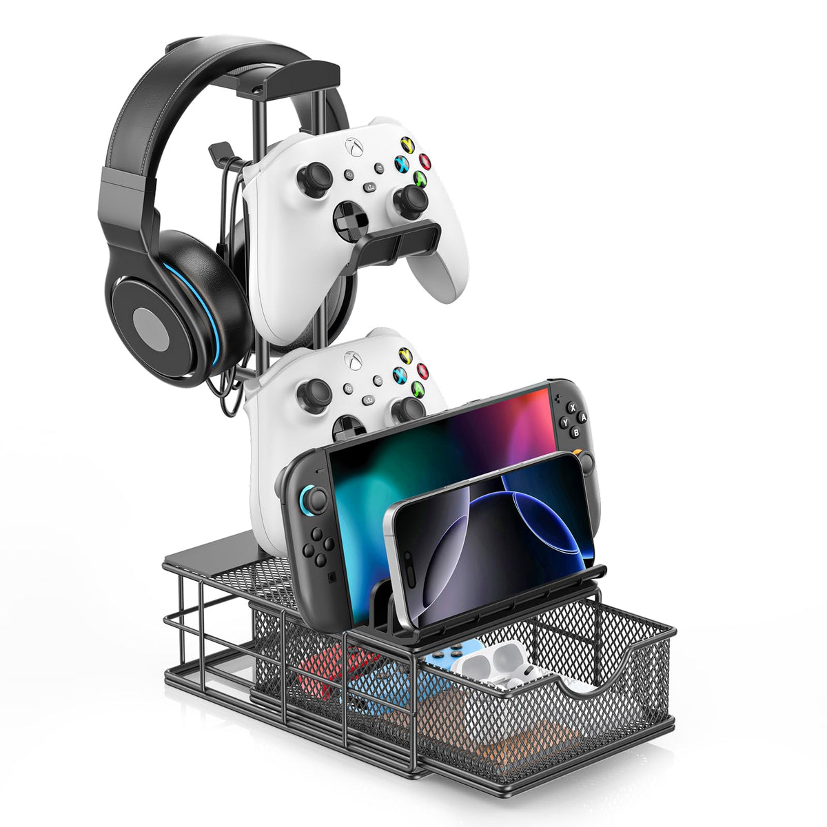 KDD headphone stand with drawer keeps gaming accessories neatly organized.