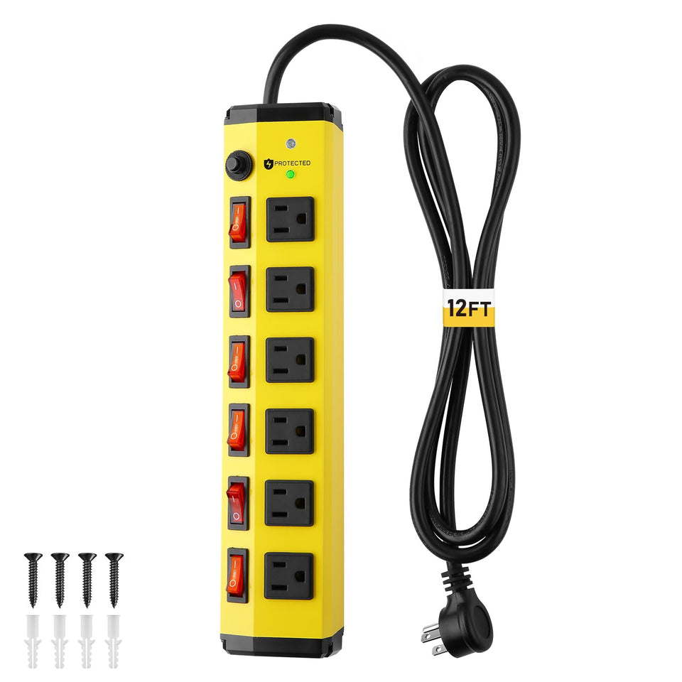 KEBEN front view metal power strip showing six outlets and surge protection benefit
