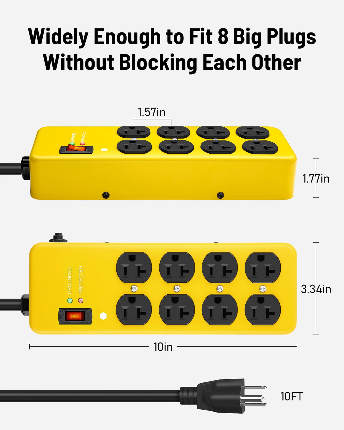 Lifestyle shot of KeBen power strip powering tools in a garage emphasizing heavy-duty workshop use