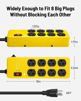Lifestyle shot of KeBen power strip powering tools in a garage emphasizing heavy-duty workshop use