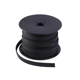 KECO 100ft braided sleeve close-up showing expandable weave protecting automotive cables and wiring.