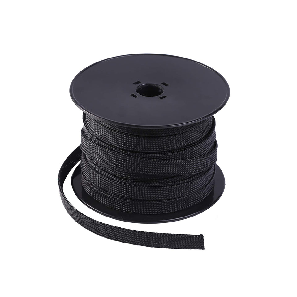 KECO 100ft PET expandable braided sleeve in black protects automotive and AV cables with organized routing.