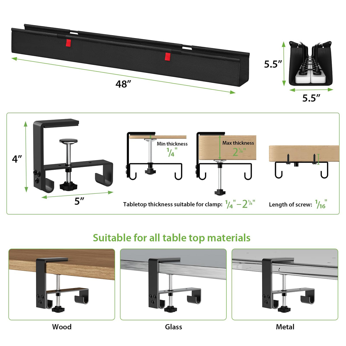 KEEGH clamp installation detail showing no-drill mounting and desk protection benefit