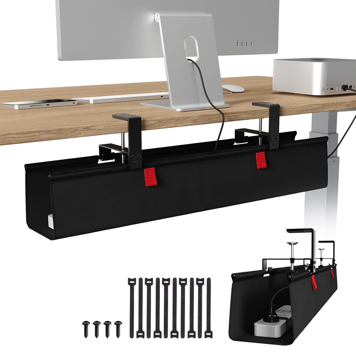 KEEGH front view of 28-inch under-desk tray showing tidy cord storage and professional look