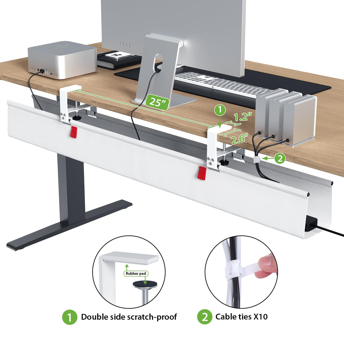 KEEGH mounted under standing desk demonstrating secure, low-profile cable concealment