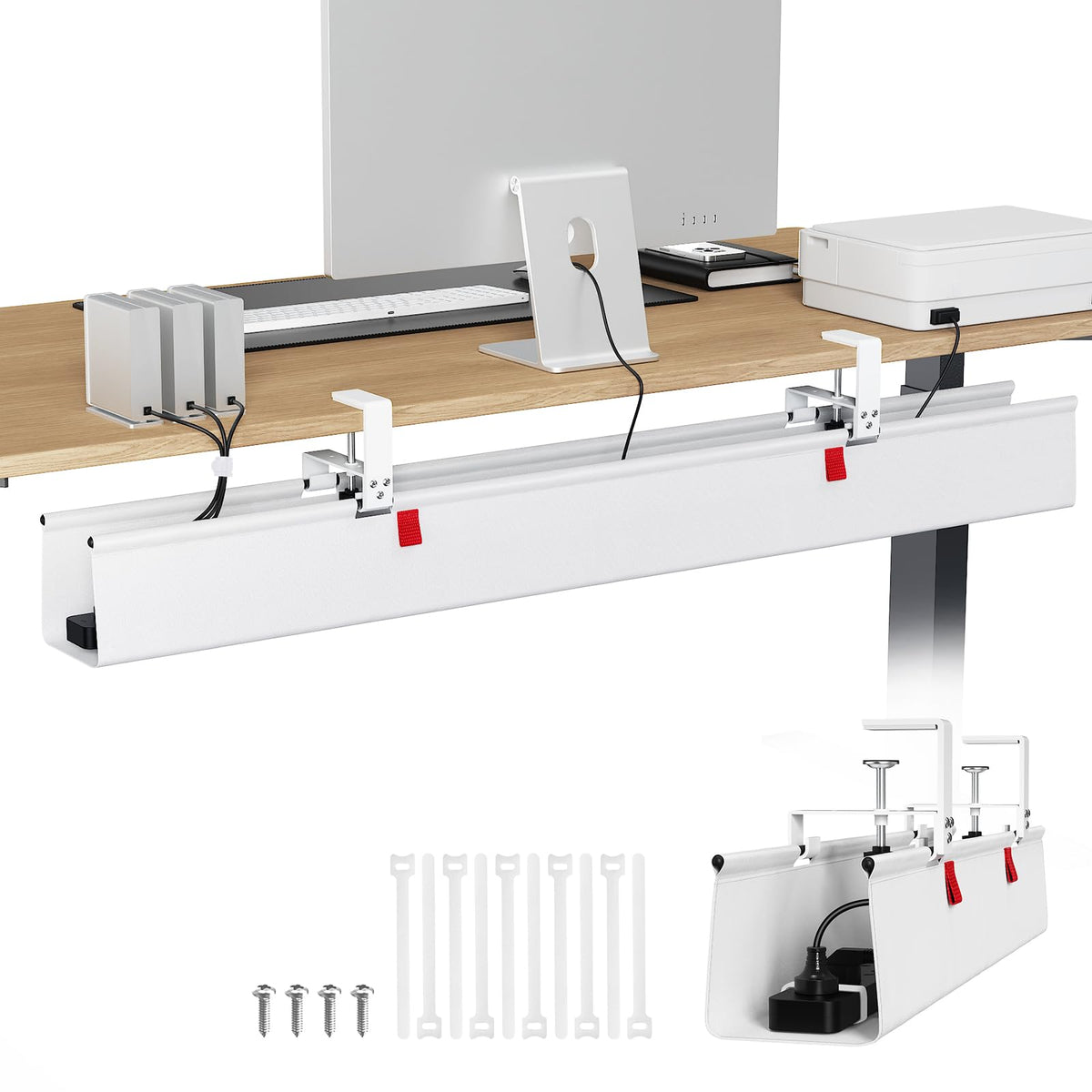 KEEGH front view of 48-inch under-desk tray showing clean hidden cables and neat desk