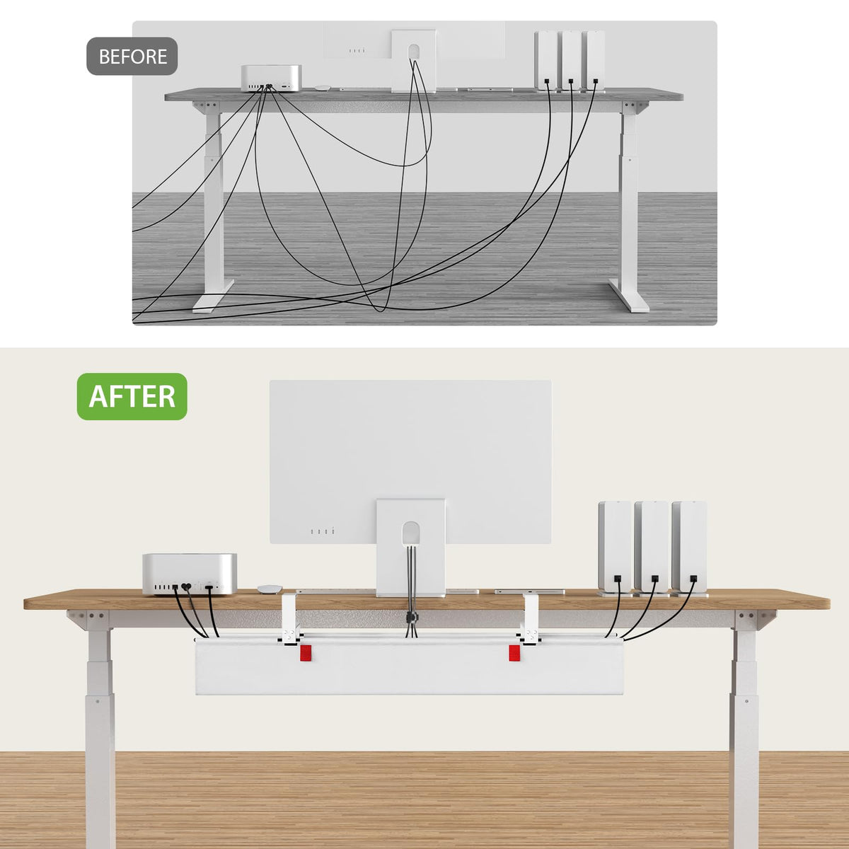 KEEGH tray under monitor showing scale and space-saving benefit for workstation