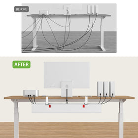 KEEGH tray under monitor showing scale and space-saving benefit for workstation