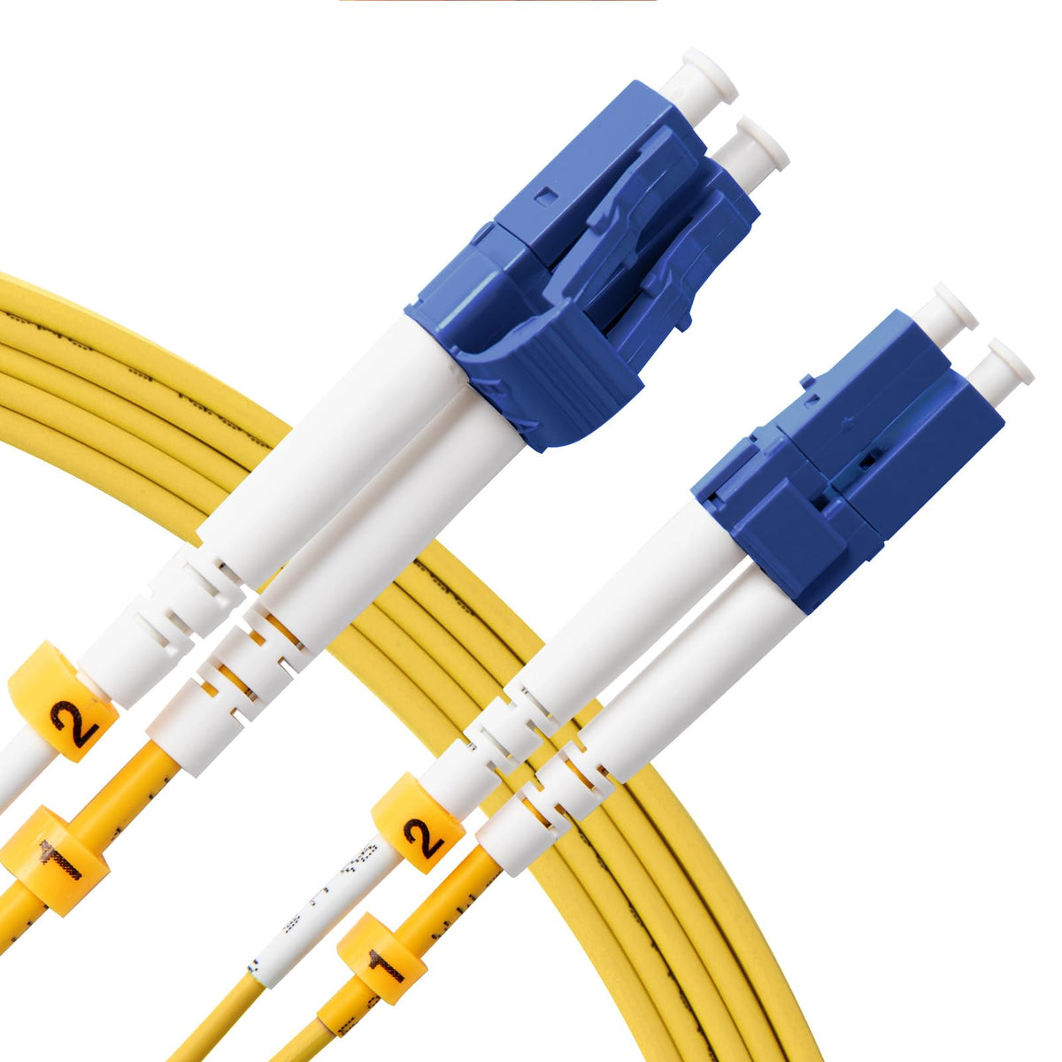 KeepFly OS2 LC-LC patch cable with embossed duplex clip for easy rack installation.