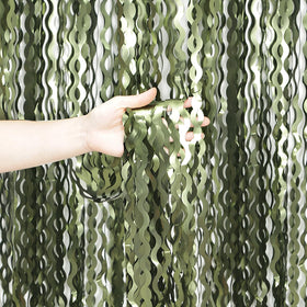 Keeuh olive green wavy foil curtain backdrop for vibrant party photos.