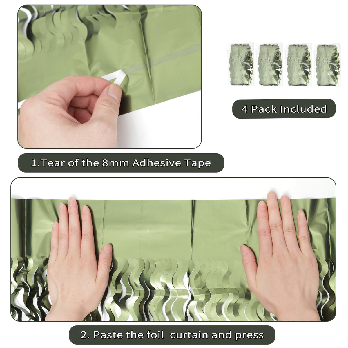 Keeuh olive green curtain with foil fringe shines under LED lighting.