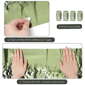 Keeuh olive green curtain with foil fringe shines under LED lighting.