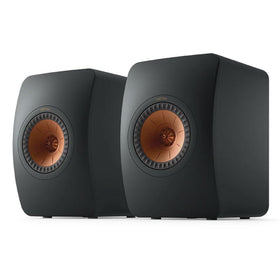 KEF LS50 Meta front view in carbon black, compact bookshelf design for small spaces.