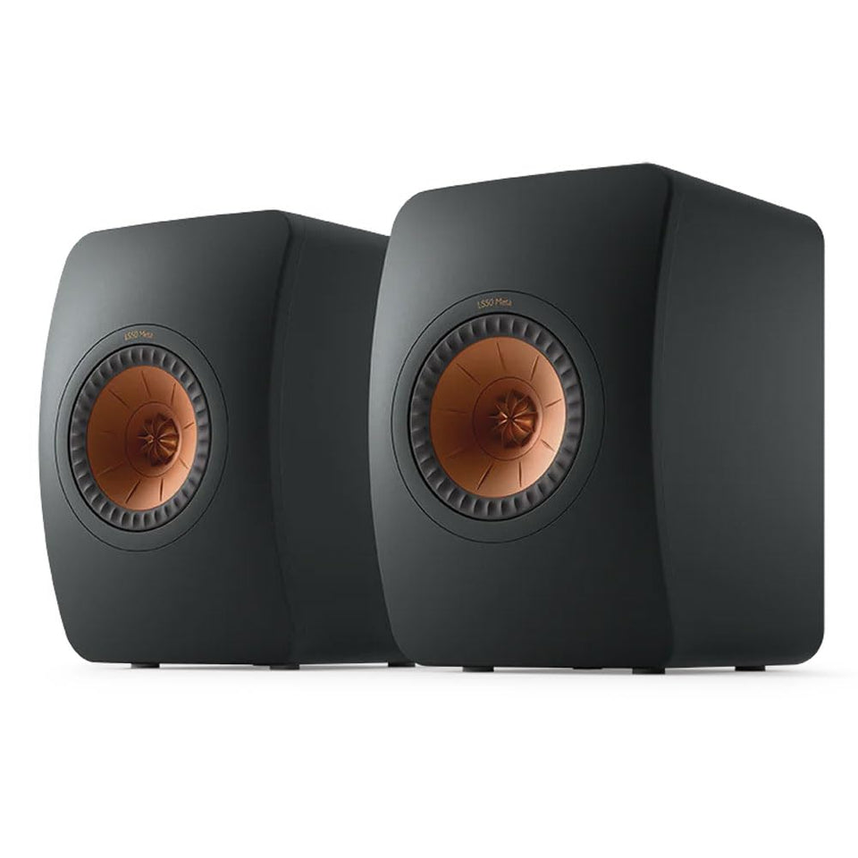 KEF LS50 Meta front view in carbon black, compact bookshelf design for small spaces.