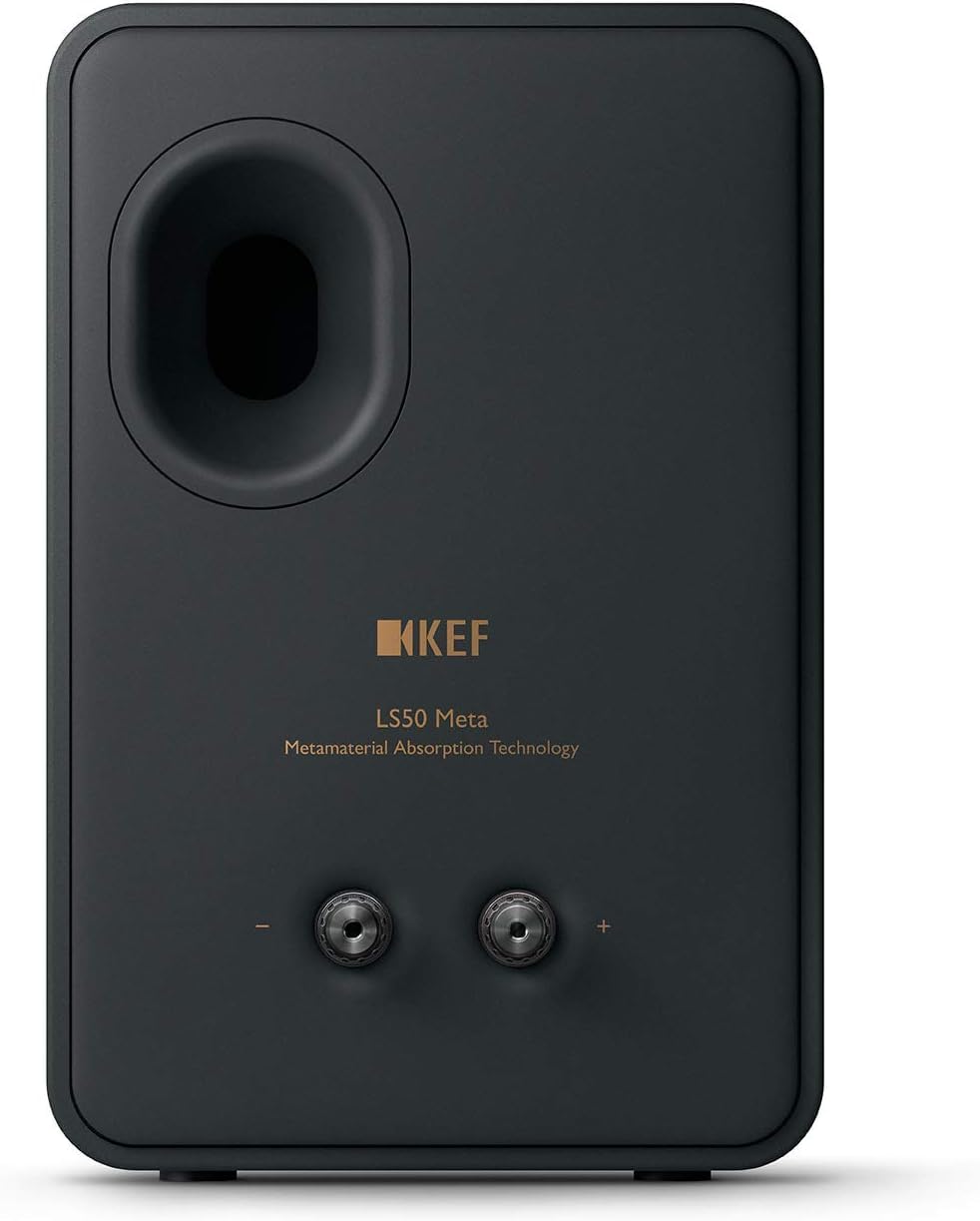 KEF LS50 Meta matte finish detail, premium build in carbon black.