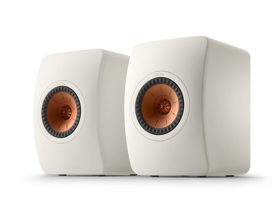 KEF LS50 Meta Mineral White front view, compact high-fidelity speakers for desktop setups.