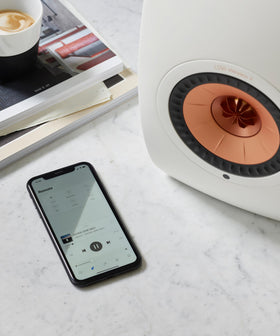 KEF LS50 Wireless II Mineral White pair in living room, ready for streaming
