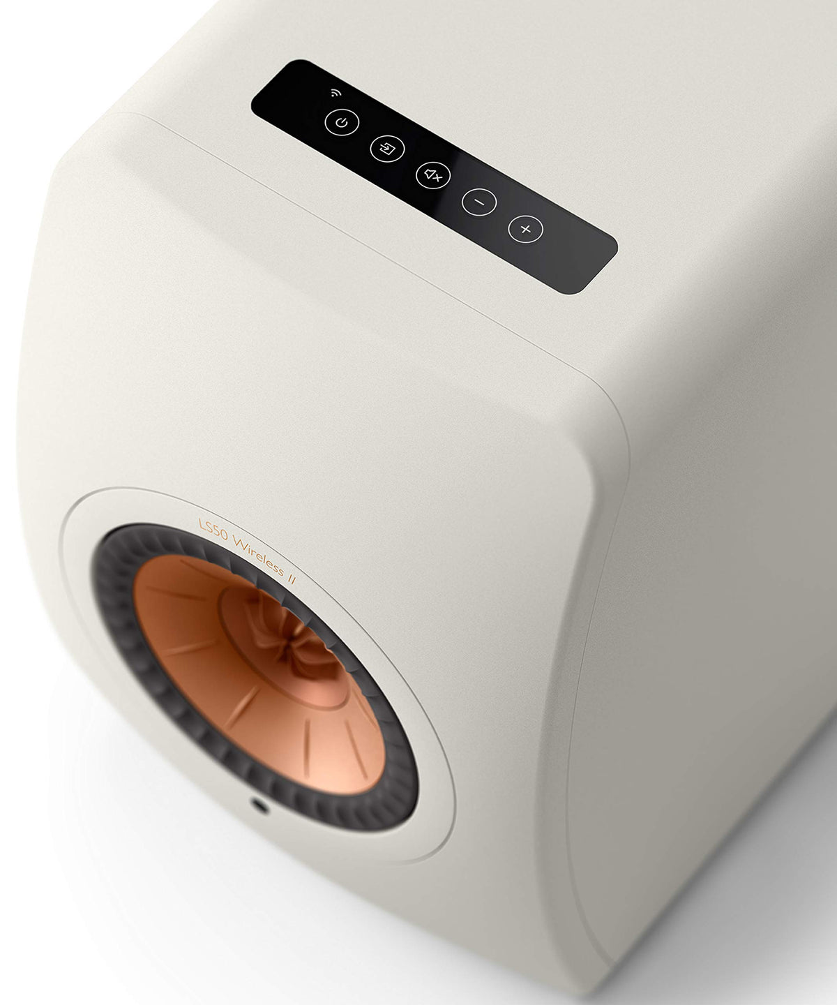 KEF LS50 Wireless II Mineral White side view, slim profile for compact spaces