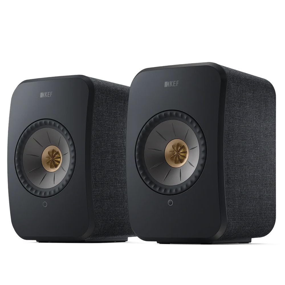 KEF LSX II Carbon Black front view on a desk highlights compact hi-fi design