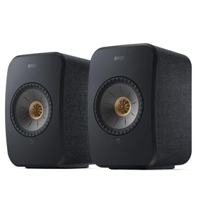 KEF LSX II Carbon Black front view on a desk highlights compact hi-fi design