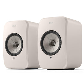 KEF LSX II LT stone white front view, compact stereo speakers for rich room-filling sound