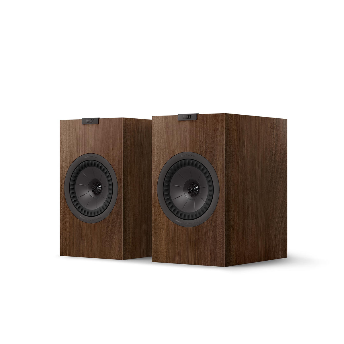 KEF Q3 Meta walnut front view shows premium finish in a compact bookshelf speaker.