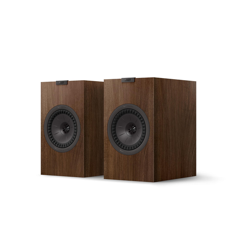 KEF Q3 Meta walnut front view shows premium finish in a compact bookshelf speaker.