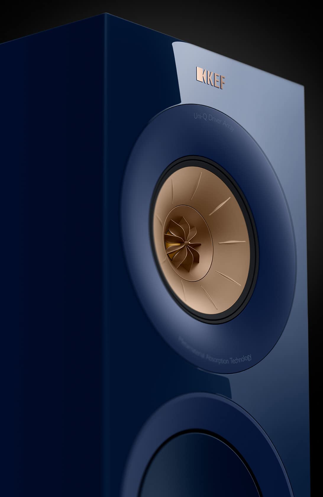KEF R3 Meta Indigo Gloss side view emphasizing slim profile and build quality for compact spaces