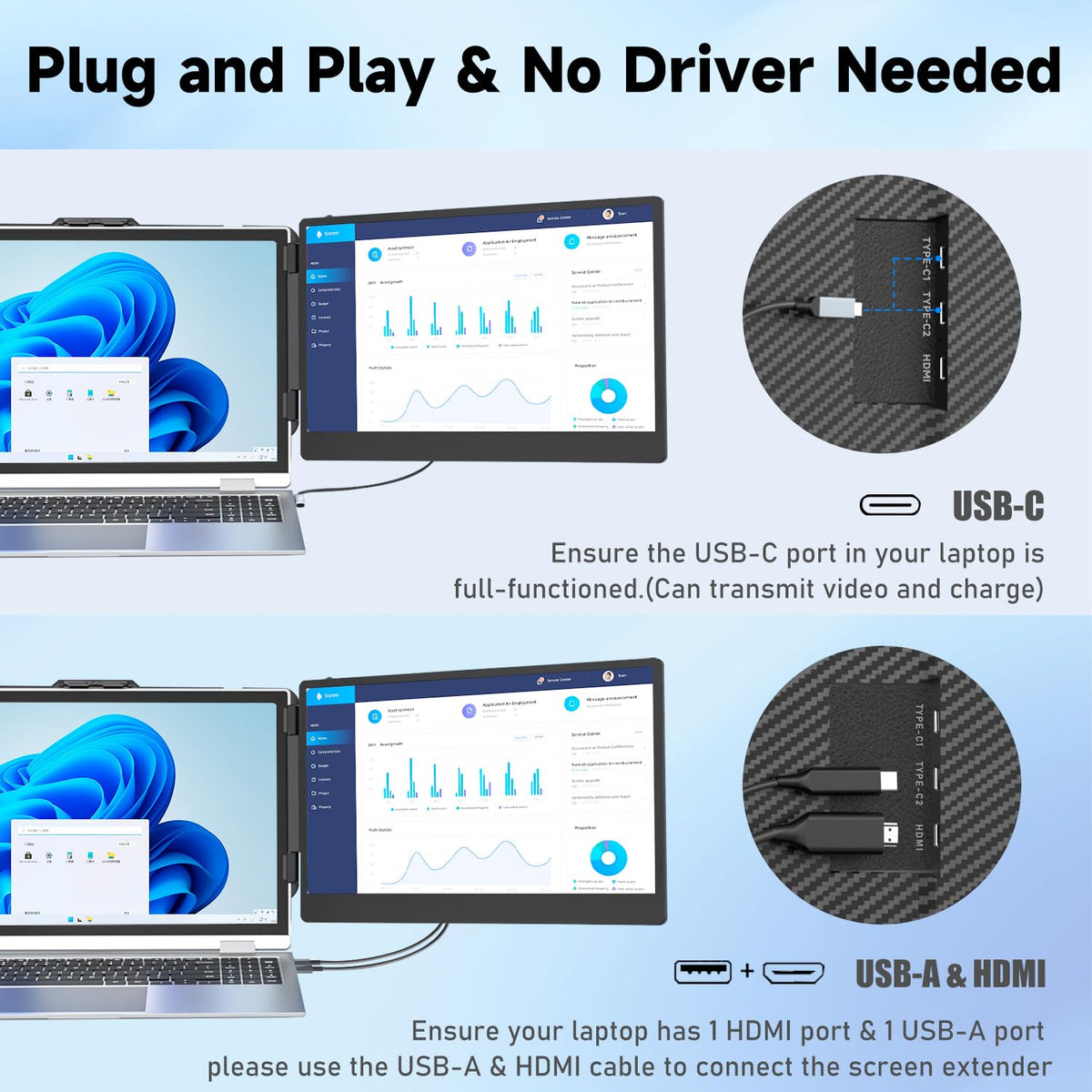 KEFEYA dual-monitor setup showing mirror and extend modes