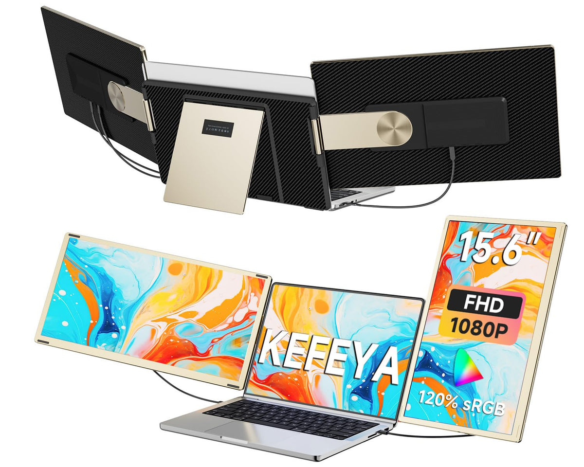 KEFEYA laptop monitor travel set showing detachable screen and leather bag for on-the-go workstation