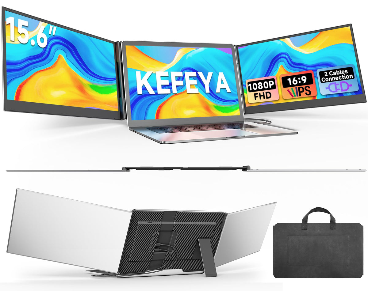 KEFEYA laptop screen extender front view showing compact triple-monitor setup for productivity