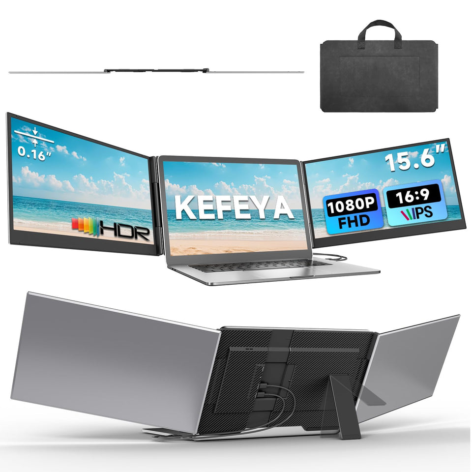 KEFEYA laptop screen extender setup with triple-monitor workspace for multitasking