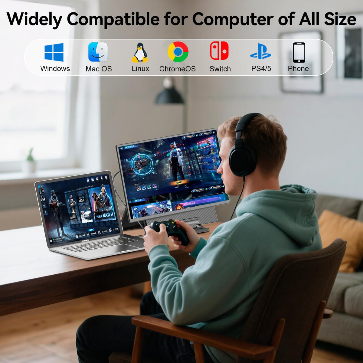 KEFEYA portable monitor with USB-C and HDMI plug-and-play connectivity
