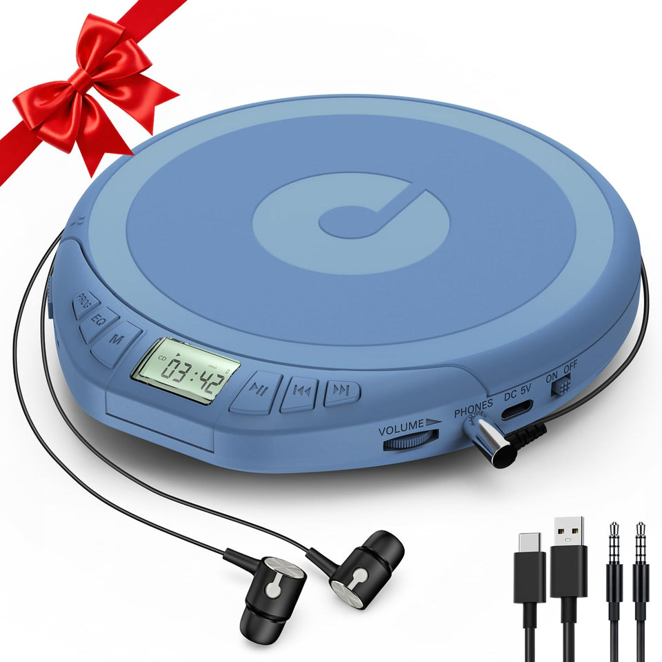 Kegaudio portable CD player front view with anti-skip LCD display for car use.