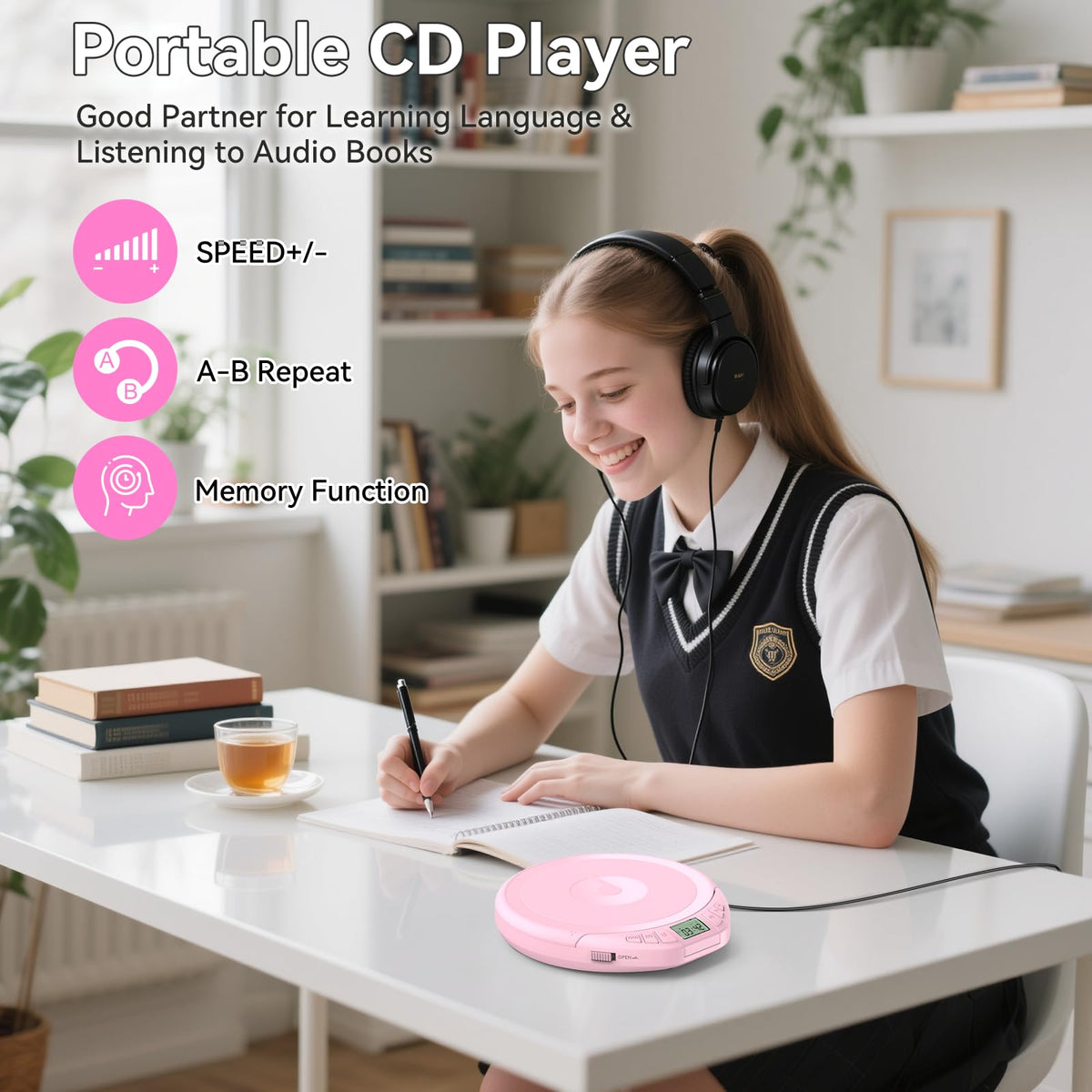 Kegaudio portable CD player with earphones for private listening on the go.
