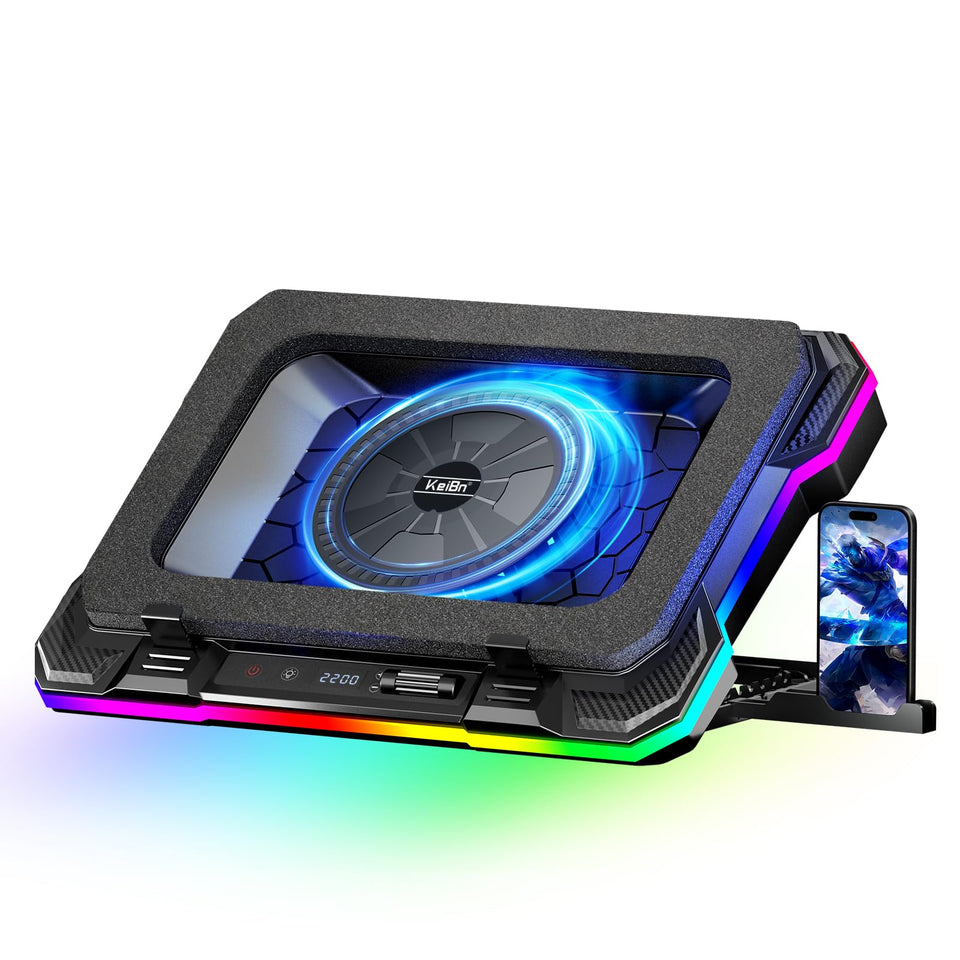 KeiBn gaming laptop cooling pad front view blue highlights improved airflow for overheating hotspots