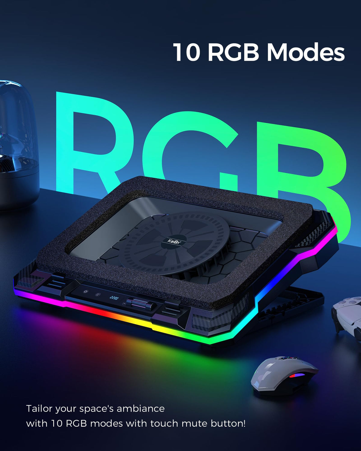 KeiBn gaming laptop on the pad demonstrates stable height and cooling angle