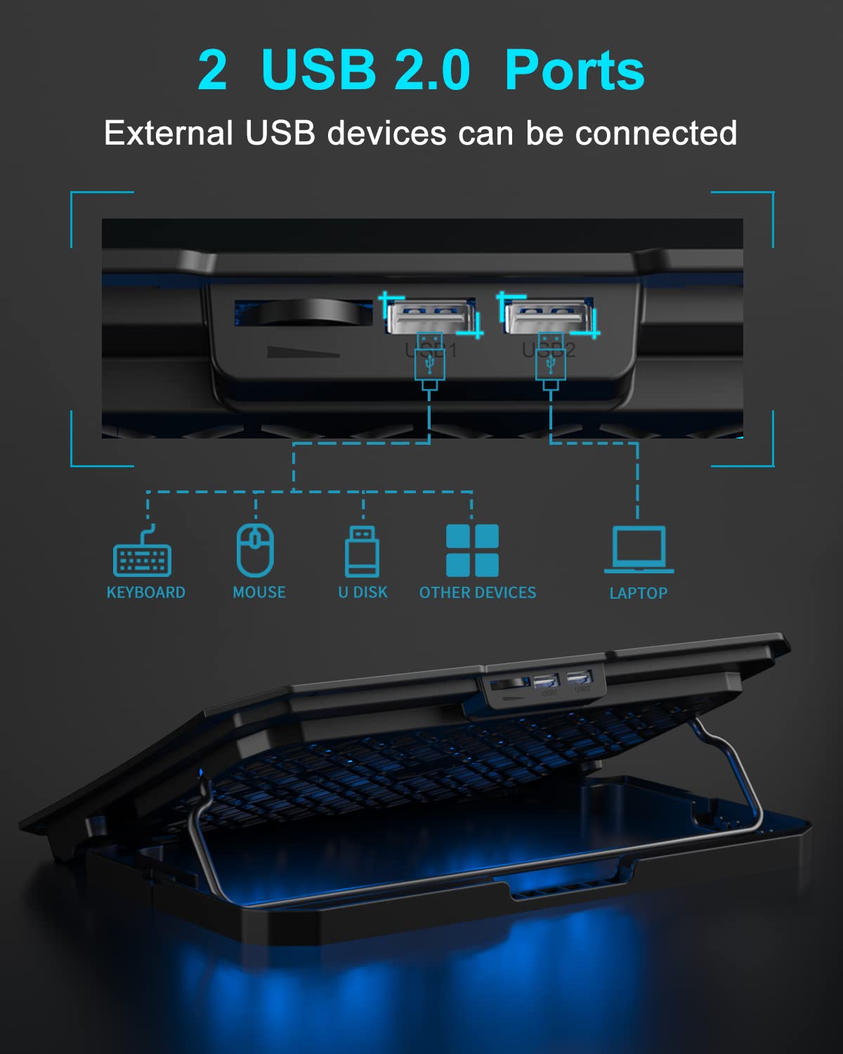 KeiBn Laptop Cooling Pad rear USB ports for peripherals and accessories