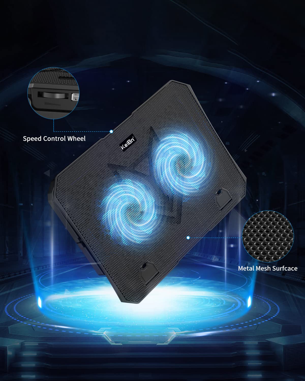KeiBn Laptop Cooling Pad blue LED indicator shows active cooling status