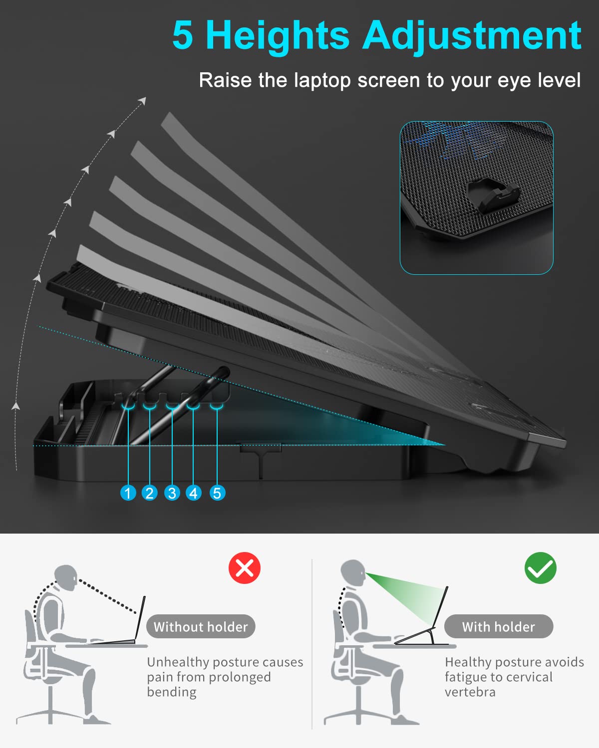 KeiBn Laptop Cooling Pad side phone stand keeps phone accessible