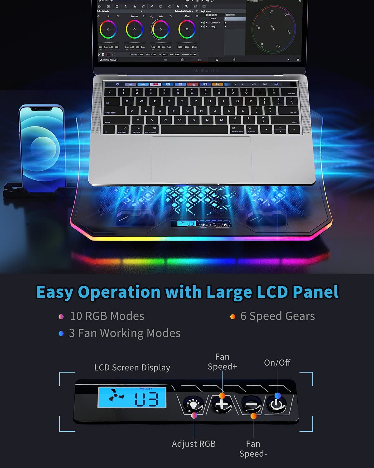 KeiBn Upgrade RGB modes illuminate the setup while keeping your laptop cool.